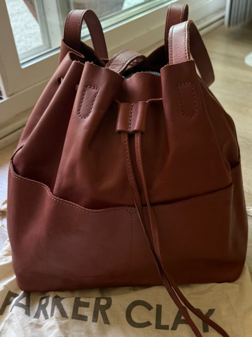 Parker Clay Emma Bucket Bag - Women's Leather Drawstring Tote - Brown Clay Red